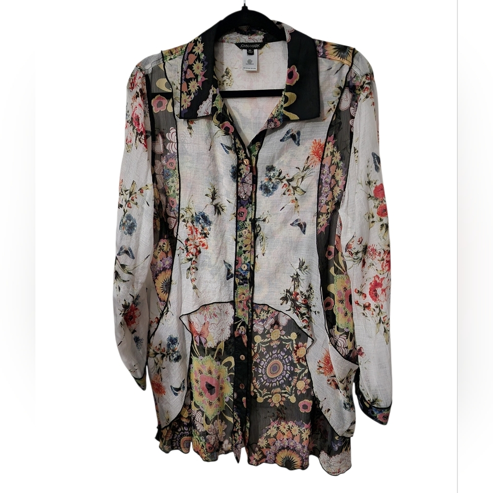 John Mark sz XL Mixed media floral print long sleeve crinkle tunic - Picture 2 of 7